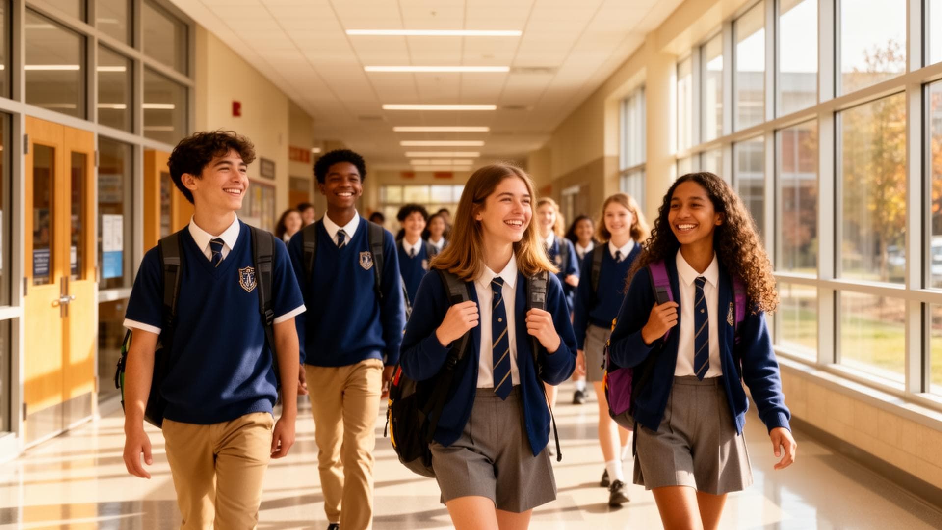 High school students walking through a modern campus